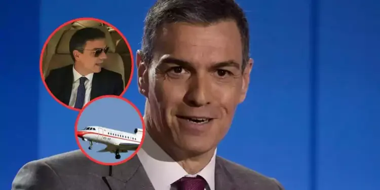 Un hombre con traje y corbata habla frente a un micrófono con un fondo azul, mientras en dos círculos rojos se muestran imágenes de un avión y de él mismo usando gafas de sol dentro de un avión.