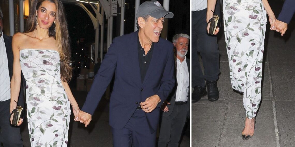 Cómo llevar vestido de flores con zapatos de tacón metalizados como Amal Clooney en primavera 2025