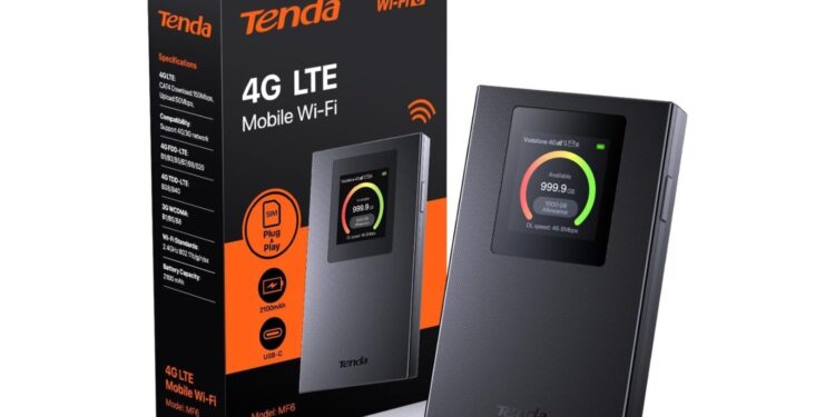 Tenda MF6 - Router 4G SIM Portátil Móvil, WiFi Portatil Cat4 WiFi 6 AX300, MiFi 4G con Batería Recargable de 2100mAh, Puerto USB-C, WPA3, Pantalla a Color, Carga con Power Bank, Nano SIM, Plug y Play