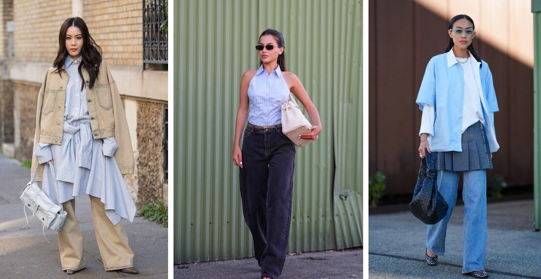 Las blusas color azul hielo están de moda para llevar con jeans a la oficina en verano 2025