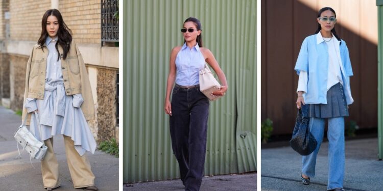 Las blusas color azul hielo están de moda para llevar con jeans a la oficina en verano 2025