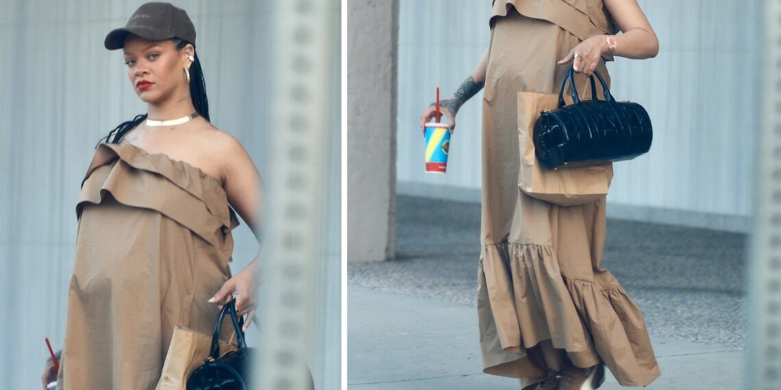 Rihanna lleva el vestido café con volantes más elegante y tenis Puma Speecat a juego