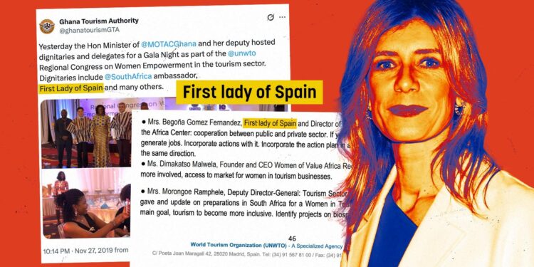 La OMT presentó a Begoña Gómez como "primera dama de España" en sus viajes de negocios por África
