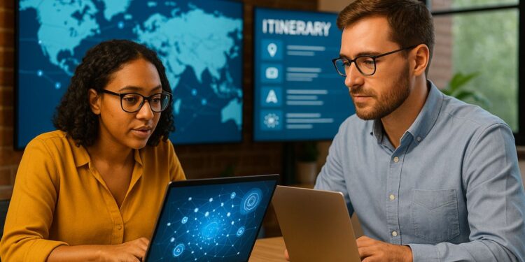 Imagen generada con IA que representa el enfoque digital de Hanaley: dos profesionales colaboran en una oficina moderna de viajes, utilizando laptops con mapas e itinerarios interactivos, simbolizando la combinación de tecnología e innovación en el sector travel.