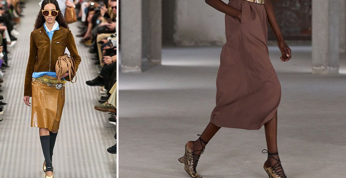 Las faldas midi color café más elegantes para llevar con sandalias y zapatos en verano 2025