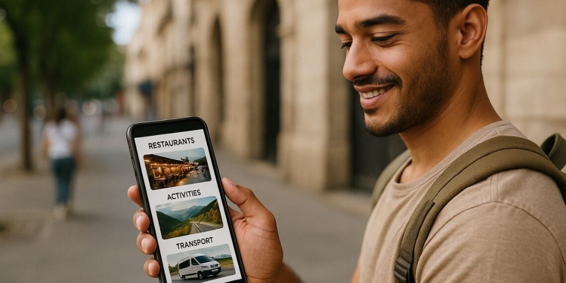 Imagen generada con IA que muestra a un turista consultando recomendaciones de restaurantes, actividades y transporte mediante herramientas de IA, destacando la planificación de viajes eficiente y personalizada.