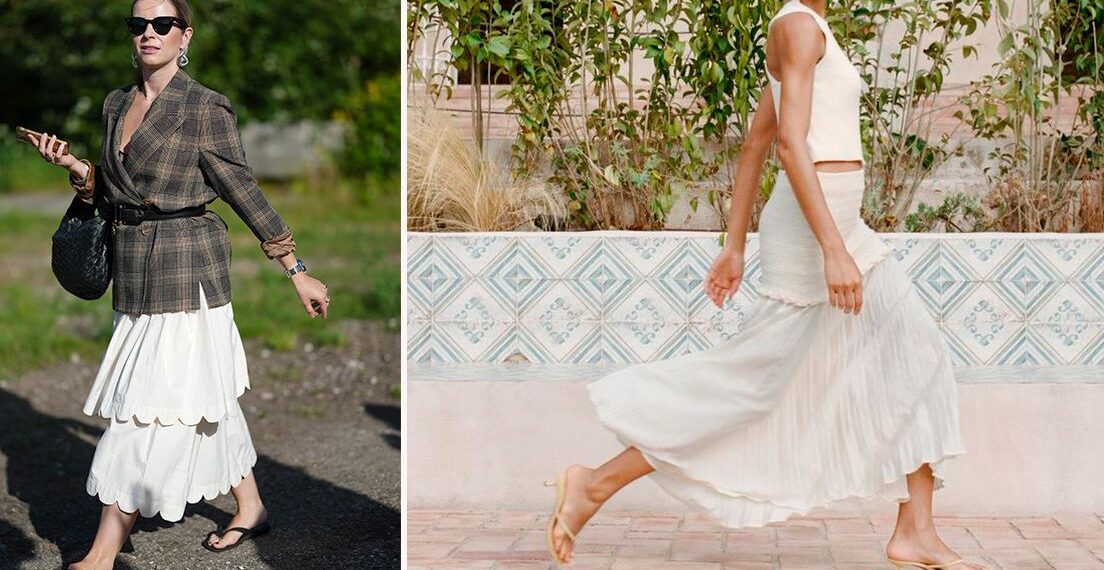 Las faldas dobles o combinadas se llevan con sandalias thong y de plataforma en verano 2025