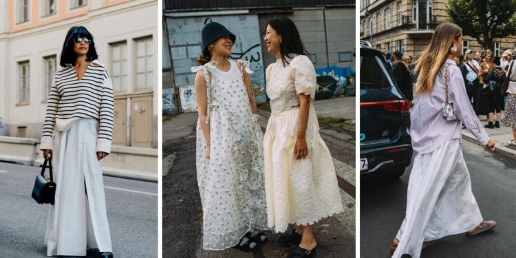 Cómo llevar faldas largas blancas con zuecos de los 70 en verano 2025