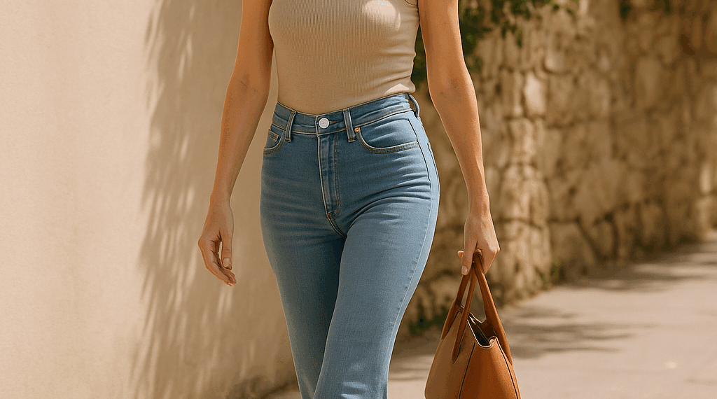 Los jeans acampanados de los 70 que Claudia Schiffer no ha dejado de usar este verano con sandalias trenzadas