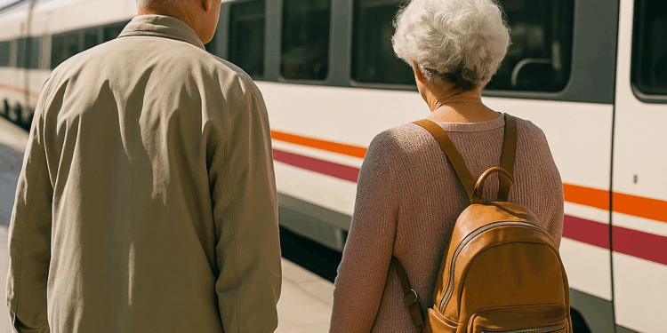 Dos jubiladas pasan por delante de una agencia con viajes del Imserso.