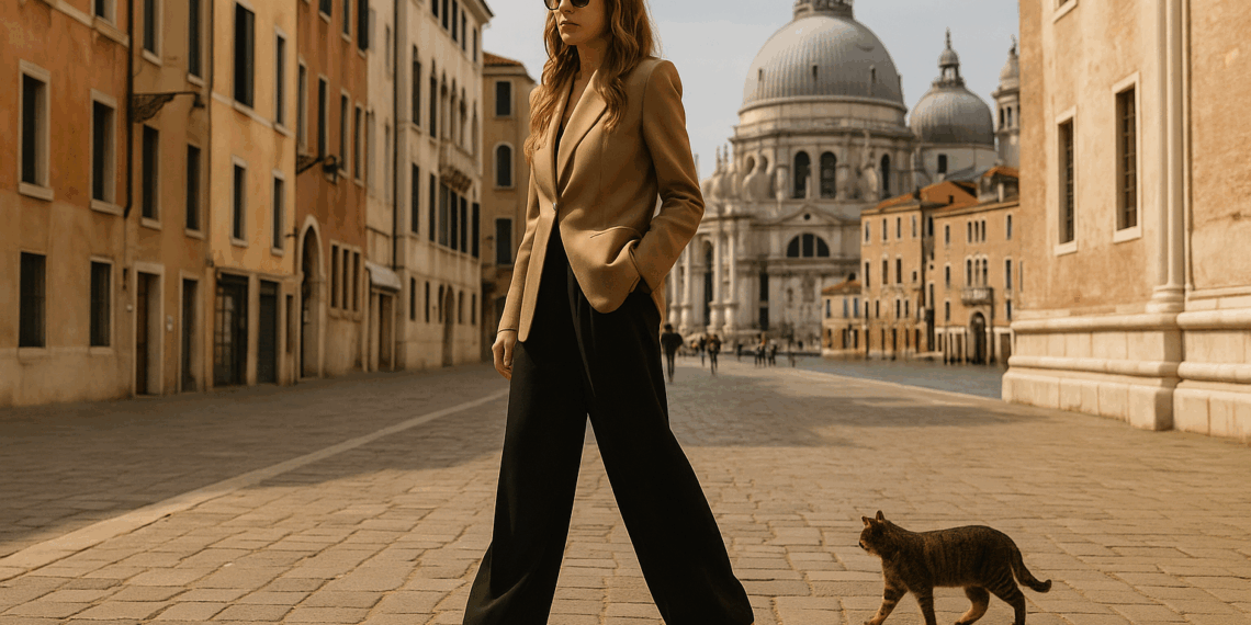 Belinda luce elegante con pantalones fluidos y zapatos de plataforma en Milán