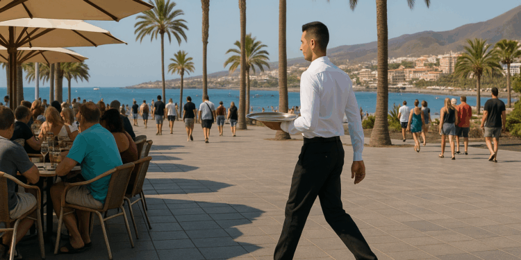 Un camarero toma nota a una mesa.