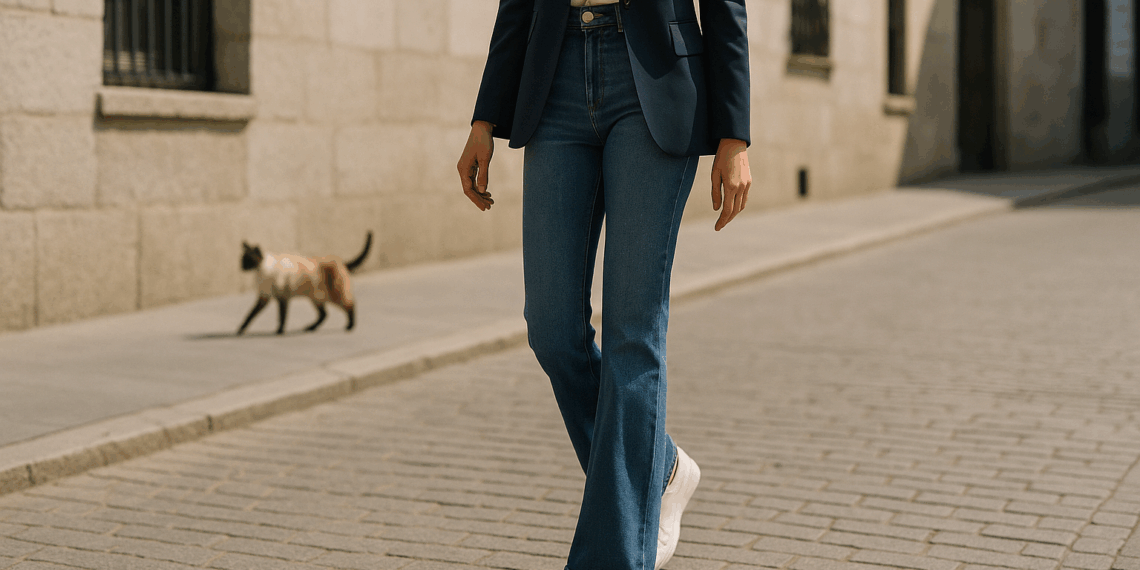 Cómo llevar tenis en lugar de zapatos de tacón con jeans acampanados sin dejar de lucir arreglada