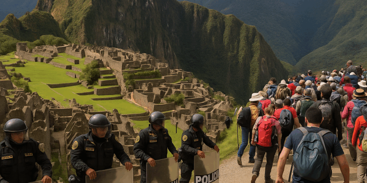 Un grupo de turistas saluda mientras se marcha a pie debido a una protesta de residentes en Machu Picchu Pueblo, Perú, el 16 de septiembre de 2025.