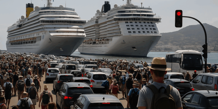 Caos y colapso en el puerto de Ibiza con la llegada de dos grandes cruceros