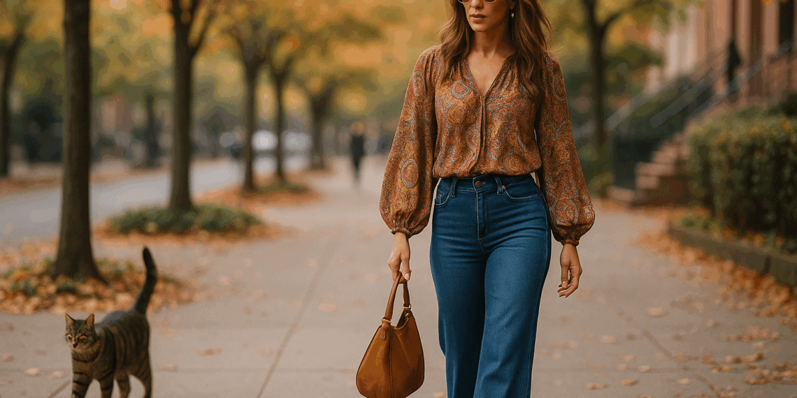Jennifer Lopez luce una blusa boho de los 70 con jeans acampanados en tendencia de otoño 2025