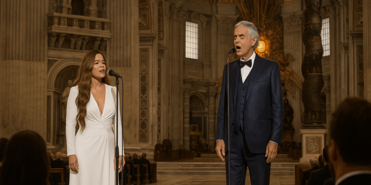 Karol G luce un vestido de diva de Hollywood para cantar en el Vaticano con Andrea Bocelli