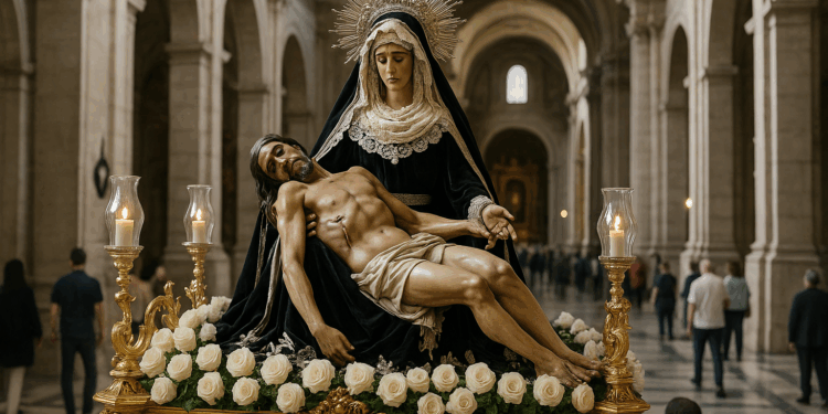 La Virgen de las Angustias se encuentra ya en el crucero de la Basílica para su salida procesional