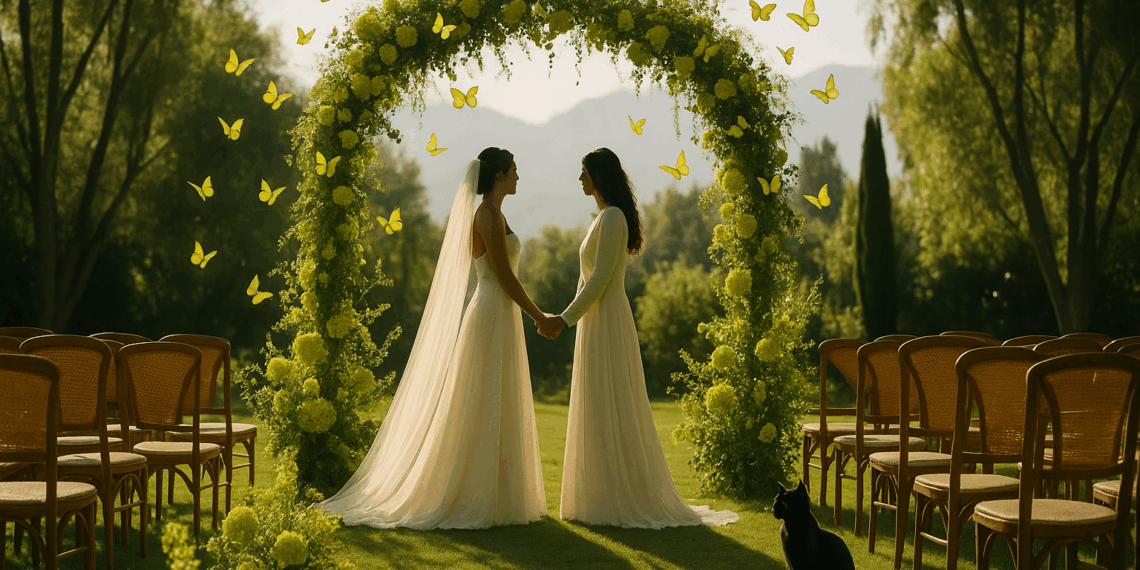 The Brides Hosted a Whimsical Los Angeles Wedding Filled With Butterflies and Chartreuse Details