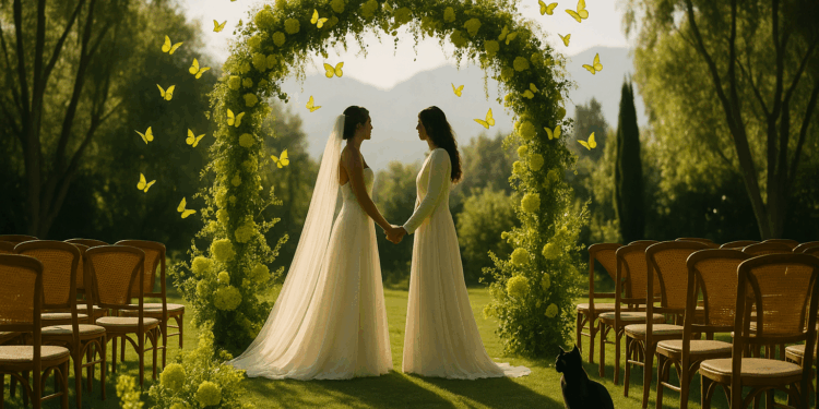 The Brides Hosted a Whimsical Los Angeles Wedding Filled With Butterflies and Chartreuse Details