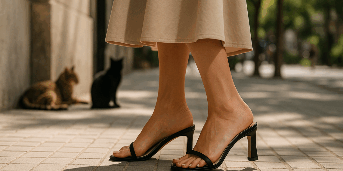 Victoria Beckham también apuesta por estas sandalias de los 90, pero las lleva con tacón