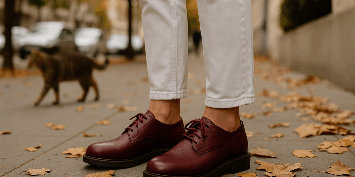 Los tenis color vino perfectos para otoño 2025 los llevó Lily Collins (con jeans blancos)