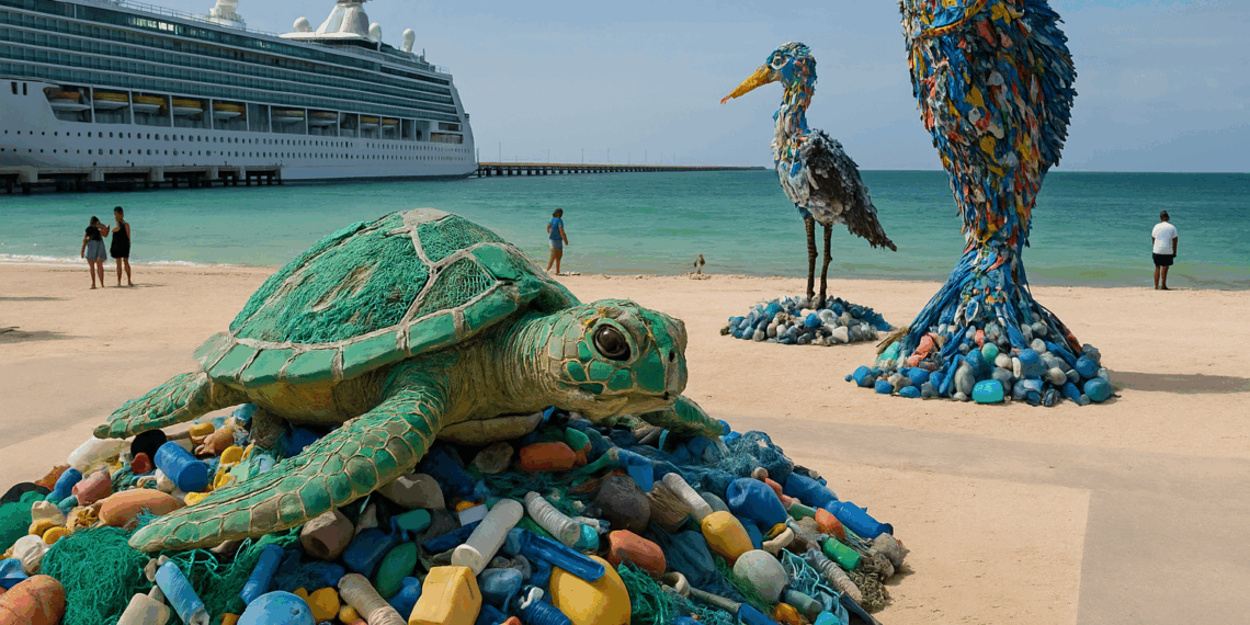 Exhiben escultura de plástico marino en Terminal de Cruceros de Progreso