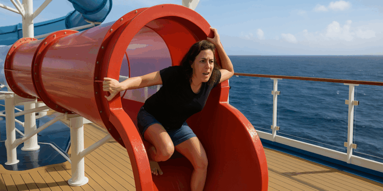 Mujer lucha por salir del tobogán en un crucero sobre el océano (VIDEO)