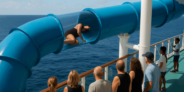 Mujer queda atrapada en tobogán suspendido sobre el mar y genera alarma en crucero de turistas: ¿Qué pasó? (VIDEO)