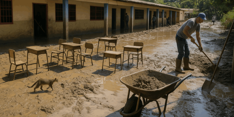 Recuperan centro educativo afectado por la crecida del río en El Crucero de Araguao