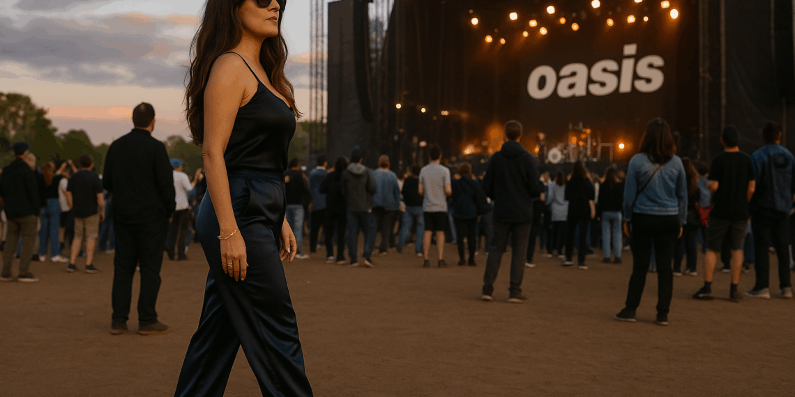 Salma Hayek luce elegante en el concierto de Oasis con unas sandalias de los 90 y pantalones satinados