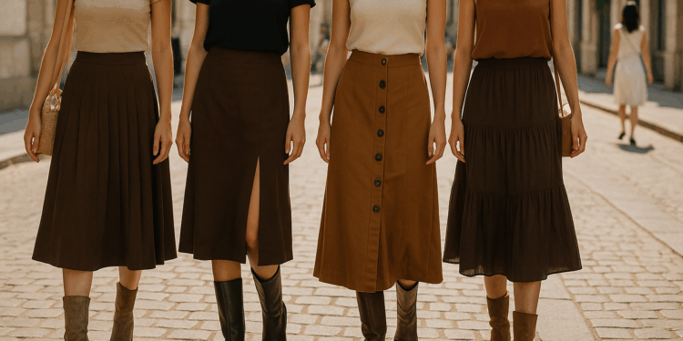 6 faldas elegantes color café para llevar con botas este verano 2025
