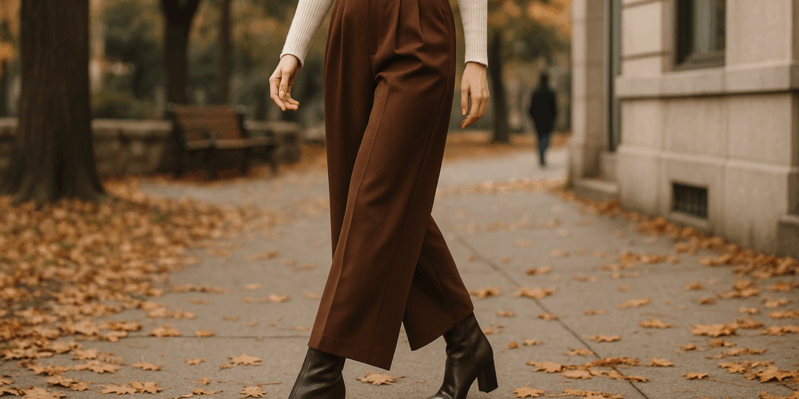 5 pantalones palazzo color café para llevar con botas de moda en otoño 2025
