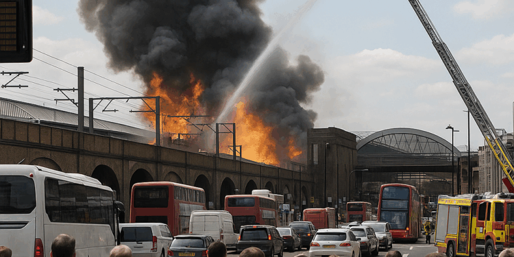 Caos en los viajes después de que se desatara un incendio masivo cerca de la estación de Londres mientras decenas de bomberos luchan contra el infierno