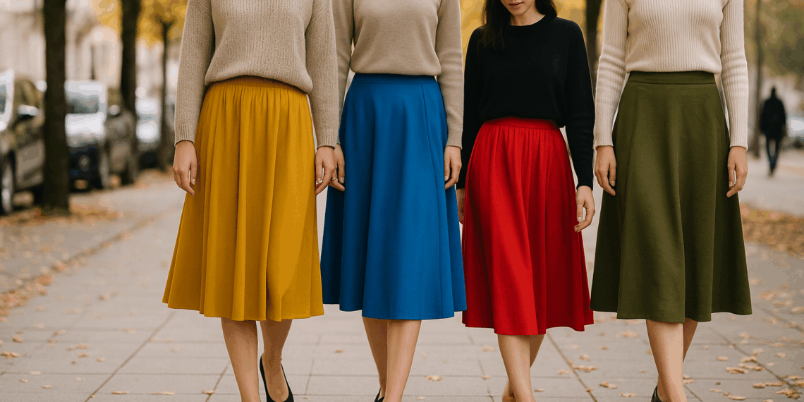 5 faldas midi de colores en tendencia para llevar con zapatos planos en otoño 2025