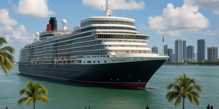 Vista aérea del crucero Queen Elizabeth de Cunard, atracado en el Puerto de Miami el jueves 16 de octubre de 2025. El barco arribó alrededor de las 6:00 a.m. y permanecerá en Miami durante seis meses, realizando viajes por el Caribe.