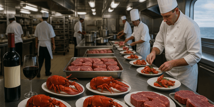 Dentro de la cocina de un crucero más lujosa del mundo, mientras los chefs revelan la asombrosa cantidad de vino, langosta y carne que consumen en el nuevo documental del Daily Mail