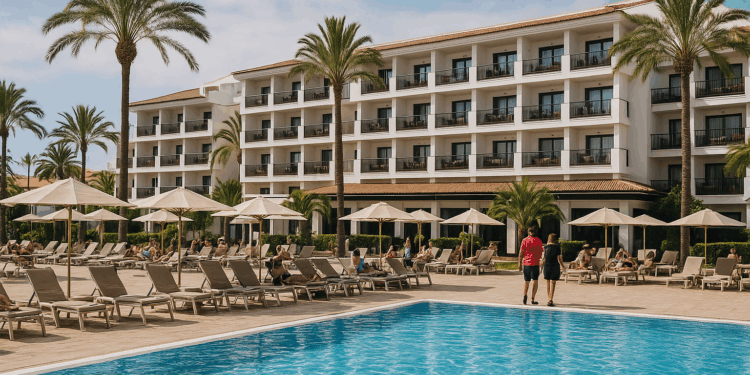 Turistas pasean por delante de un hotel en el sur de Gran Canaria.