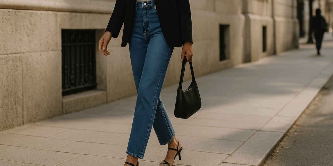 Jeans rectos con sandalias de tiras, la combinación del otoño 2025 al estilo Carolyn Bessette-Kennedy