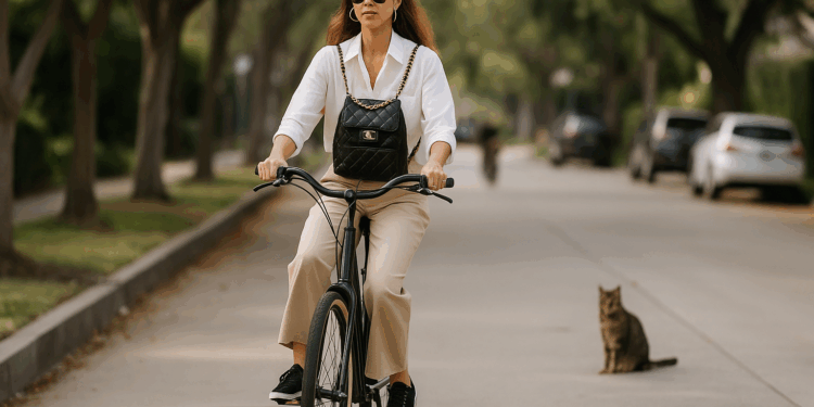 Jessica Alba luce elegante con pantalones beige, tenis negros y mochila Chanel para un paseo en bicicleta