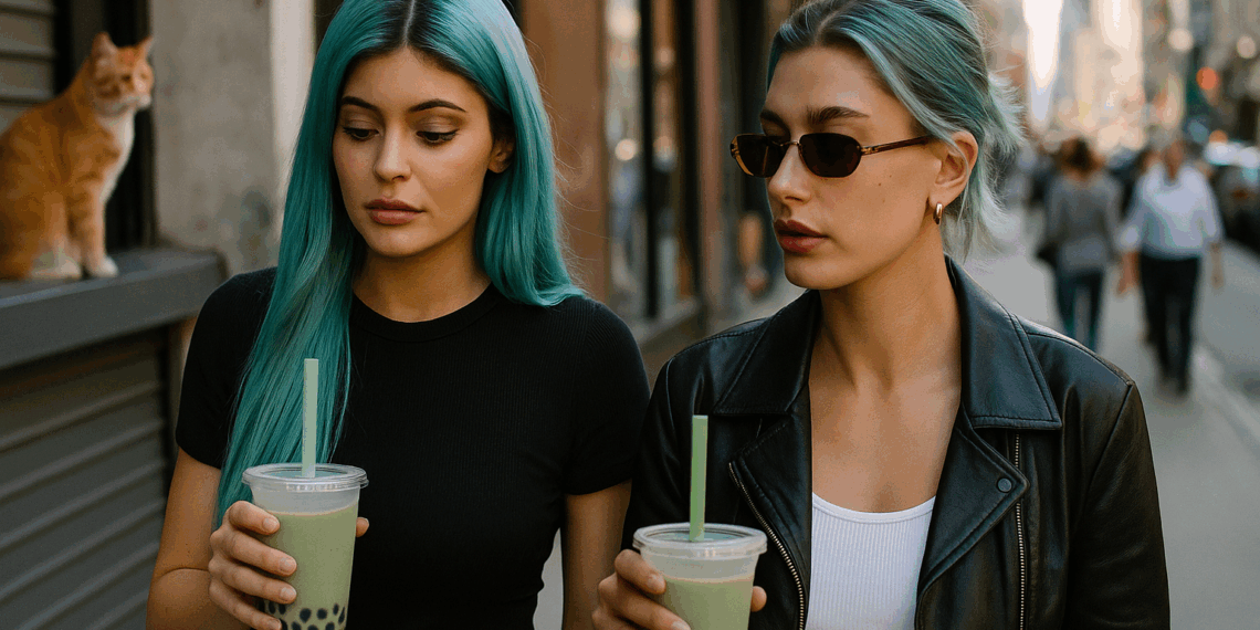 Kylie Jenner and Hailey Bieber Relive the 2010s With Teal Hair and Green Tea Boba