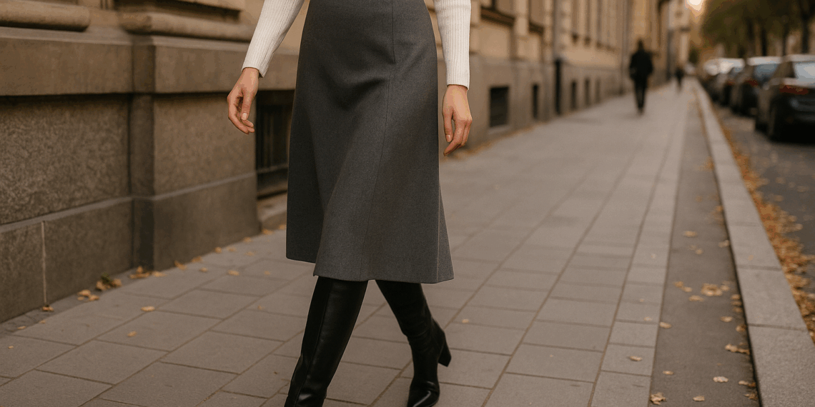 Ni negra, ni de mezclilla, la verdadera falda del otoño 2025 es gris Oxford según Rosalía (y va con botas altas)