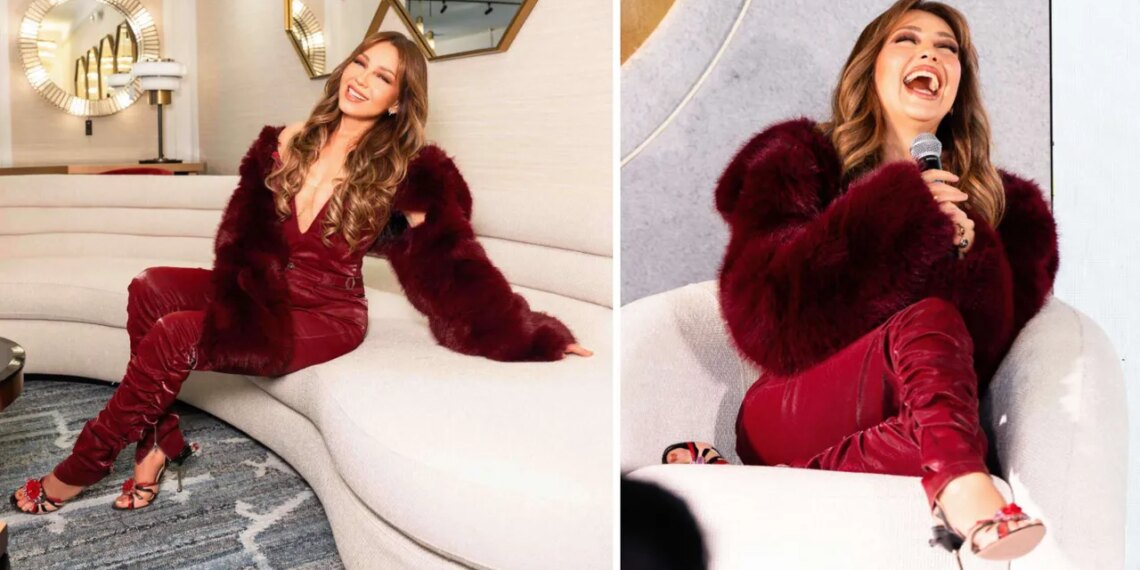 Thalia luce elegante con pantalones skinny y sandalias de tacón para Otoño-Invierno 2025