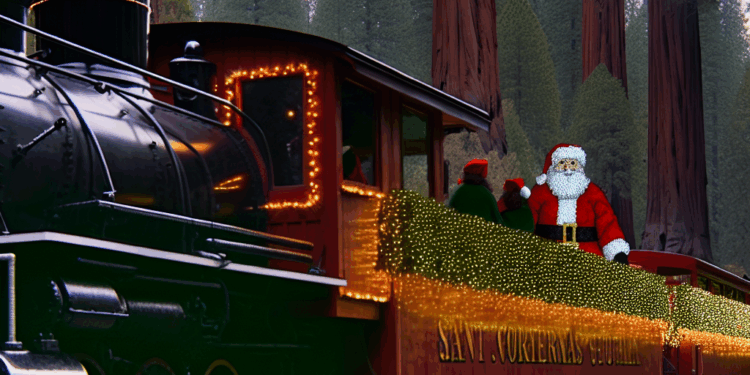 Un histórico tren de vapor del norte de California ofrece viajes especiales en Navidad, con luces festivas, Papá Noel y vistas a las secuoyas.