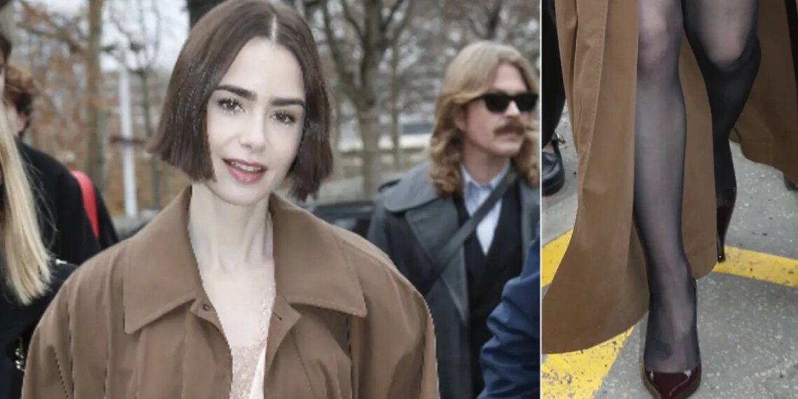 Lily Collins lleva jumper lencero con zapatos color chocolate en París