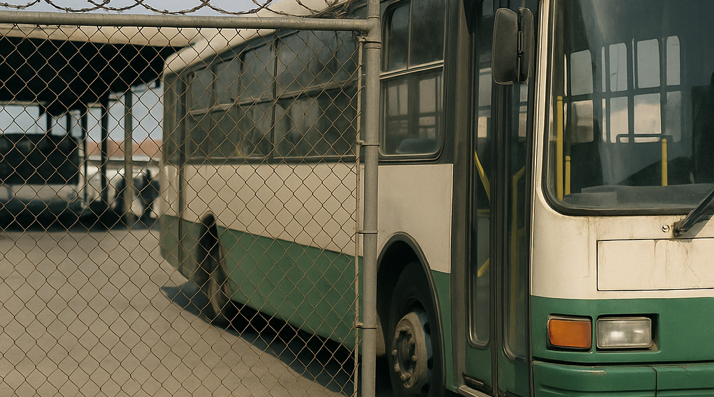Garaje de Viajes Morales en León con varios autobuses estacionados mostrando su flota de transporte antes del cierre por jubilación