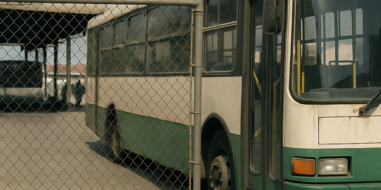 Garaje de Viajes Morales en León con varios autobuses estacionados mostrando su flota de transporte antes del cierre por jubilación