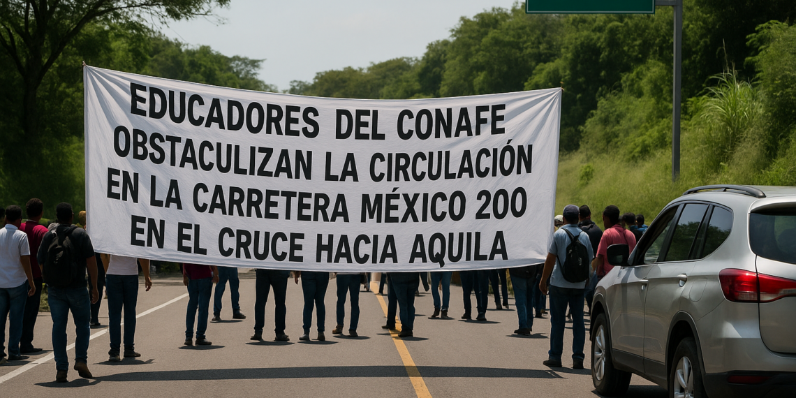 Bloquean educadores de Conafe la carretera México 200 en crucero a Aquila