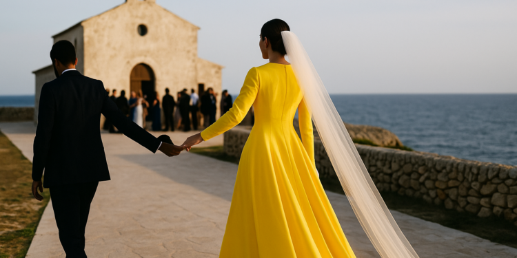 The Bride Wore an Archival Ralph Lauren Dress—in Bright Yellow—for Her Menorca Wedding