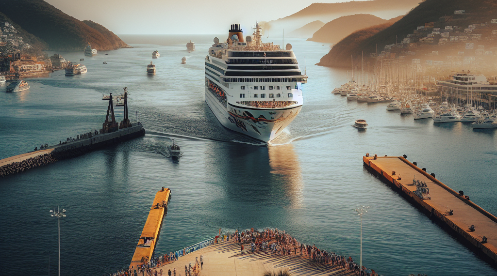 Arriba crucero alemán MS Amadea al puerto turístico de Santa Cruz Huatulco
